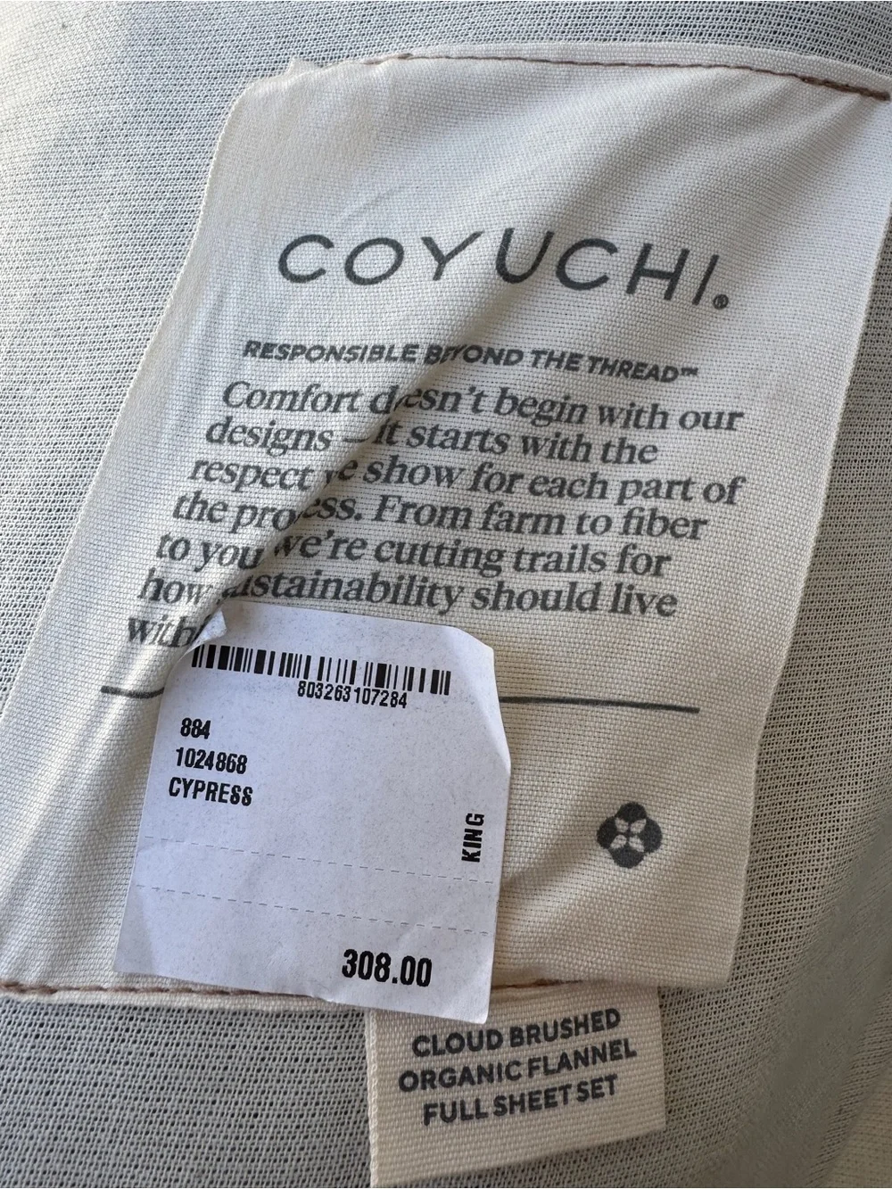 Coyuchi Cloud Brushed™ Organic Flannel Sheet Set in Cypress New Queen $308 new